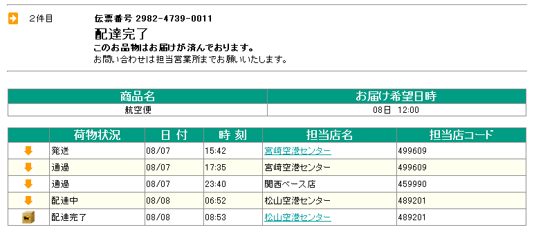 航空便「宮崎−松山」の追跡データ