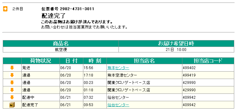 航空便「熊本−仙台(宮城県)」の追跡データ