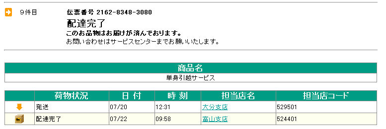 大分から富山の単身引越サービス追跡データ